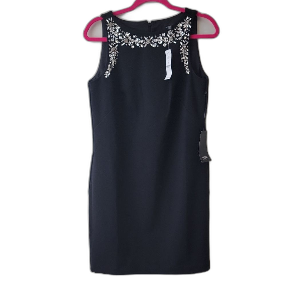 White House Black Market Black Dress with Silver Rhinestone Embellishments